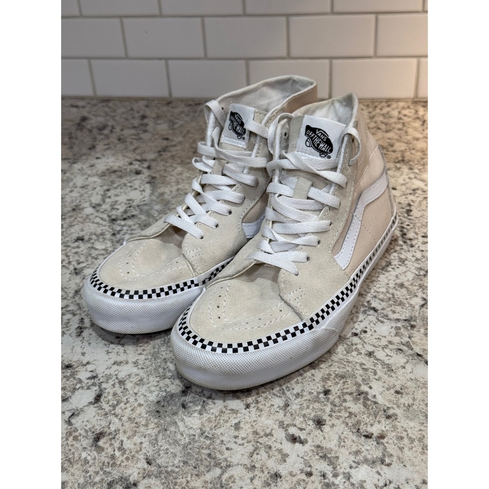Vans Sk8-Hi Sneakers Womens 6.5 Birch Cream Excellent Checkerboard Foxing Stripe